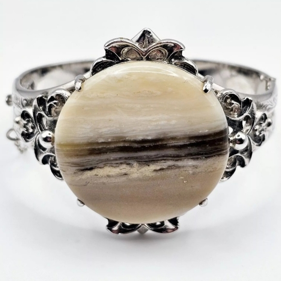 Whiting & Davis Vintage Signed Agate Silver Tone Southwestern Hinge Bracelet - Picture 3 of 11